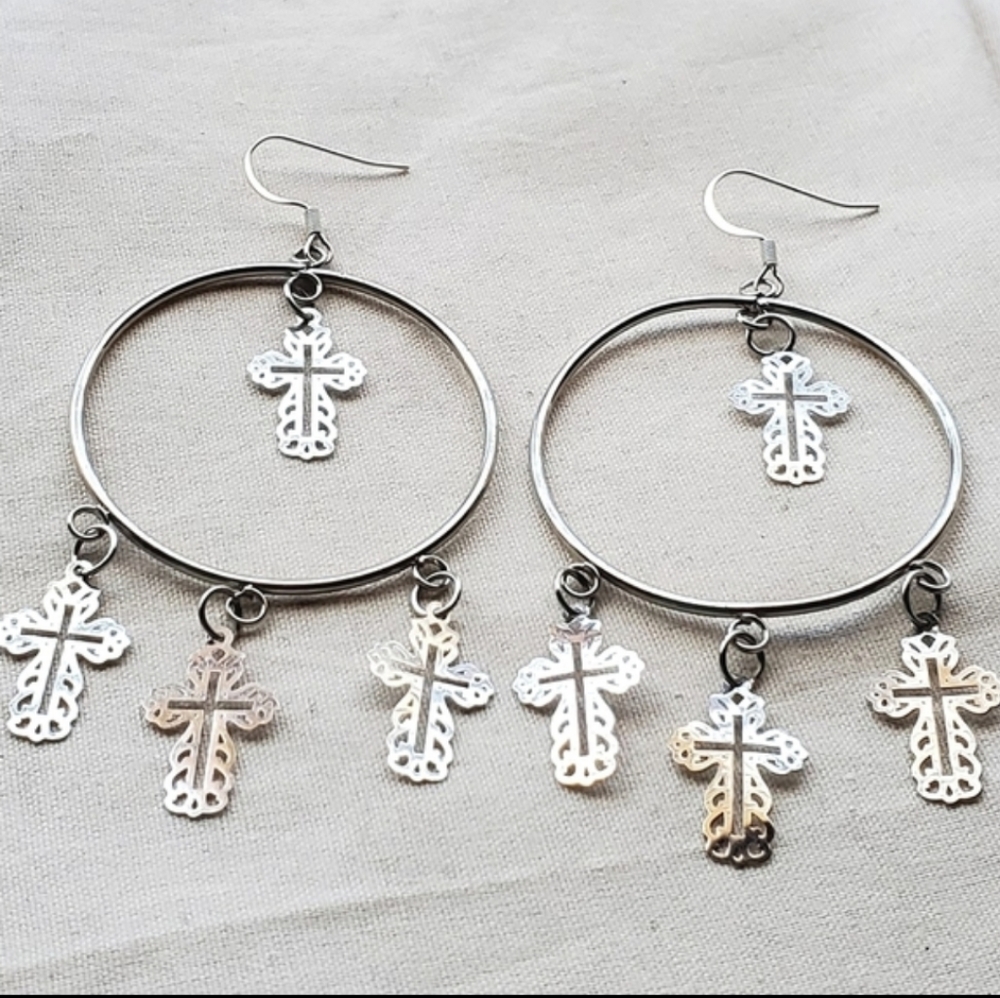 Cross Dangle Hoop Earrings
